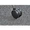 Close-up of a wheelchair wheel on gray carpet. The wheel is black and the holder is chrome-plated.