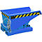 Blue tipping container with yellow-black warning stripes. Chain for tipping, on a blue base.