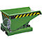 Green tipping skip with yellow and black warning stripes. A bracket with a chain on the floor.