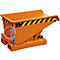 Orange skip bin, with black and yellow warning stripes, chains, and metal frame.