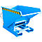 Blue tipping skip, with yellow and black stripes on top and white markings.