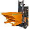 Orange tipping skip attached to a forklift, yellow and black warning markings.