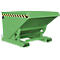 Green tipping skip with black and yellow stripes. Steel construction, angled design. For industrial and transport purposes.