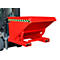 Red tipping skip mounted on forklift, yellow and black warning markings.