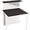 Black and white desk. Black tabletop, white frame, smaller shelf above.