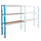 Shelving unit with blue side rails and beige shelves, against a white background.