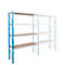 A blue and white storage rack, partially sketched in light blue, on a white background.