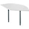 Semicircular white table with two gray legs. Rounded corners.