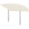 Semicircular table, light wood top, two gray legs.
