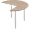 Semi-circular table with light wood top, white legs, and adjustable feet.