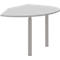 A white, semi-circular table with two gray legs.