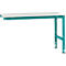 Workbench with light gray tabletop and turquoise steel legs. The legs are height-adjustable.