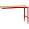A red workbench table with a wooden top, against a white background.