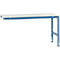 Blue workbench frame with white work surface. The workbench is freestanding with an open area.