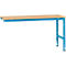 Workbench with blue legs and wooden top. The legs are height adjustable.
