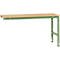 A sturdy, industrially-made work table. Wooden tabletop, green metal legs.