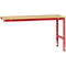 Workbench with red metal frame and light wooden top.