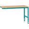 Workbench with wooden top and turquoise metal frame. There are brackets on the left and right for wall mounting.