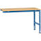 Workbench with blue metal legs and light wooden top.