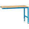 Light brown tabletop on blue metal frame. The table has a rectangular shape and stands on two legs.