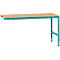 A green workshop table with a wooden top, simple design. The legs are built in an angled shape.