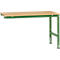 Green workshop table with wooden top. It has a stand and is fixed to the wall.