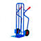 Blue painted hand truck with red handles and wheels on white background.