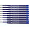 Zehn blaue Gelstift-Minen von Faber-Castell, horizontal angeordnet vor hellem Hintergrund.