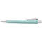 Turquoise ballpoint pen, with metal tip and clip, text: 'Faber Castell'.