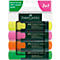 A set of four Faber-Castell textliners in yellow, pink, orange, and green. Packaged in a blister pack.
