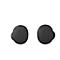 Deux écouteurs noirs ovales sur fond blanc. Chacun a une forme légèrement arrondie, avec un petit accent noir.