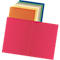 A red folder with colorful sheets inside. Colors: Orange, yellow, green, blue and gray.