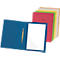 Blue folder, opened, with a white sheet. Stack of colorful folders in the background.