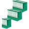 Three stacks of green binders with white labels. Six binders are visible in the foreground.