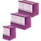 Various purple file folders, with white labels and black rings, arranged on a white background.