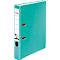Turquoise binder with white label and brand logo.