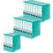 Three stacks of turquoise binders with white labels.
