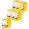 Yellow file folders, stacked in groups of three. Each folder with a label and black metal mechanism.