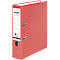 Red binder with white spine, Falken brand. Binder has metal clasps and a hole.