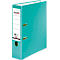 Turquoise binder with white spine. Says FALKEN. Metal mechanism. Green button.
