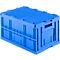 Blaue, zusammenklappbare Kunststoffbox, mit Deckel und Tragegriffen.