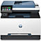 Weißer HP-Farblaserdrucker mit blau-grauen Akzenten und Touchscreen-Bedienfeld.