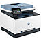 Ein weiß-blauer HP-Multifunktionsdrucker mit Touchscreen-Display. Auf dem Display sind verschiedene Symbole zu sehen.