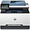 Weiß-blauer HP-Multifunktionsdrucker. Bedienfeld mit Touchscreen, USB-Anschluss. Papierausgabe unten.