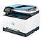 Weißer HP-Multifunktionsdrucker, oberhalb ein WLAN-Symbol. Der Drucker hat einen Touchscreen, darauf farbige Kreise.