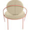 Chaise avec tissu beige et cadre en métal rose. Le dossier rond est divisé en deux moitiés.