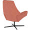 Vue arrière d'un fauteuil rembourré couleur corail avec une base pivotante noire à quatre pieds sur fond blanc.