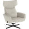 Fauteuil beige avec dossier haut, accoudoirs rembourrés et pied en étoile noir sur fond blanc.
