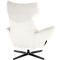 Vue arrière d'un fauteuil à oreilles blanc crème avec un piètement croisé noir moderne sur fond blanc.