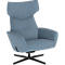 Fauteuil moderne bleu clair avec dossier haut et piètement en croix noir sur fond blanc.